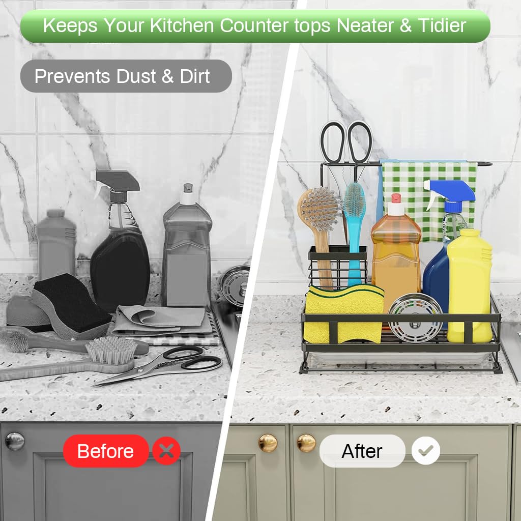 HASTHIP Kitchen Sink Organizer with Drainage System & Water Catch Tray, Sink Caddy Kitchen Sink Organizer, Large Sponge Holder for Kitchen Countertop with Hooks for Dish Brush Gloves, Black HASTHIP Kitchen Sink Organizer with Drainage System & Water Catch Tray, Sink Caddy Kitchen Sink Organizer, Large Sponge Holder for Kitchen Countertop with Hooks for Dish Brush Gloves, Black